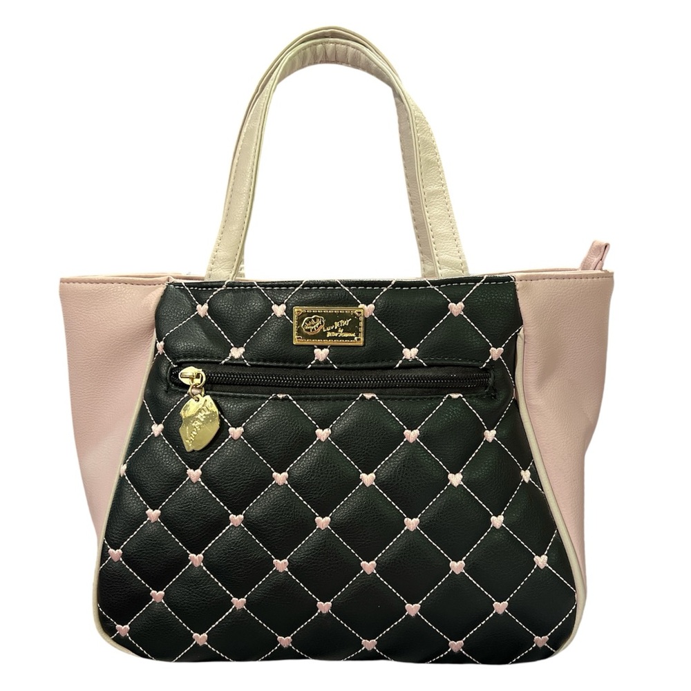 Betsey Johnson Vintage Y2K Faux Leather Black and Pink Heart Quilted Mini Tote